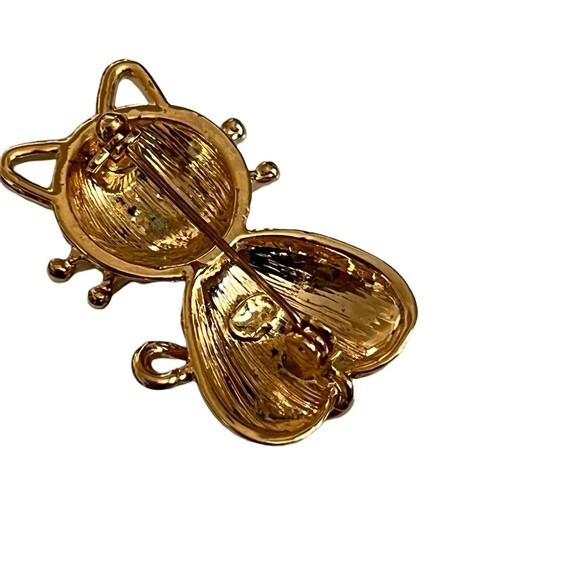 Kitty Cat Pin Brooch Rhinestones Gold Tone Metal - Picture 3 of 6